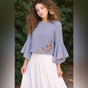 Dainty Jewells Navy Striped Blouse with Pink Floral Embroidery